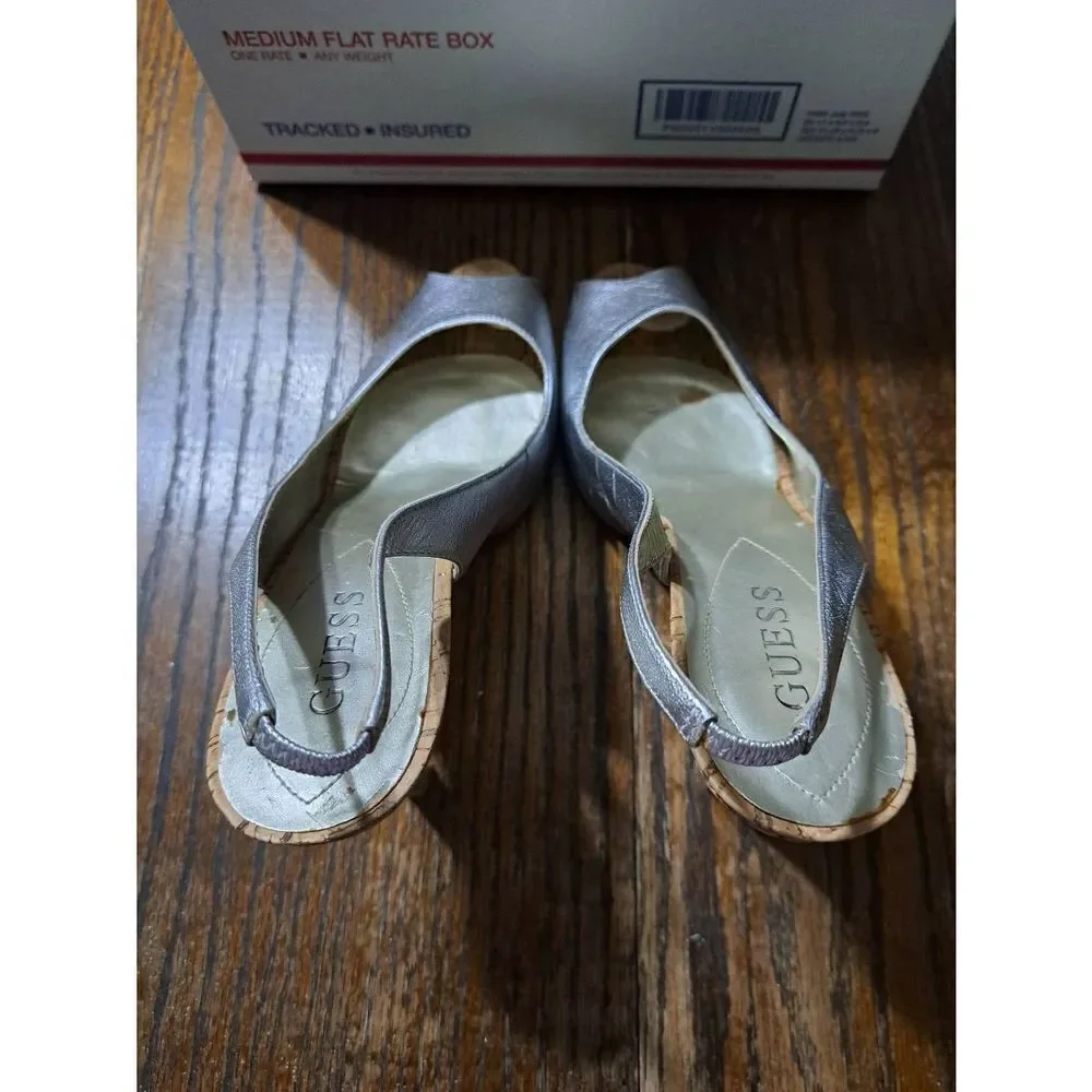 Size 9M Guess Silver Sling Back Peep Toe Cork High Heel Dress Shoes